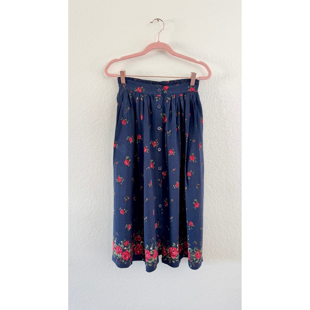 Vintage Floral Rose Midi Skirt Womens M Navy Blue Button Front Cottagecore